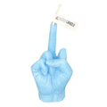 Light blue scented candle shaped like a hand making a rude gesture, isolated on a white background.
