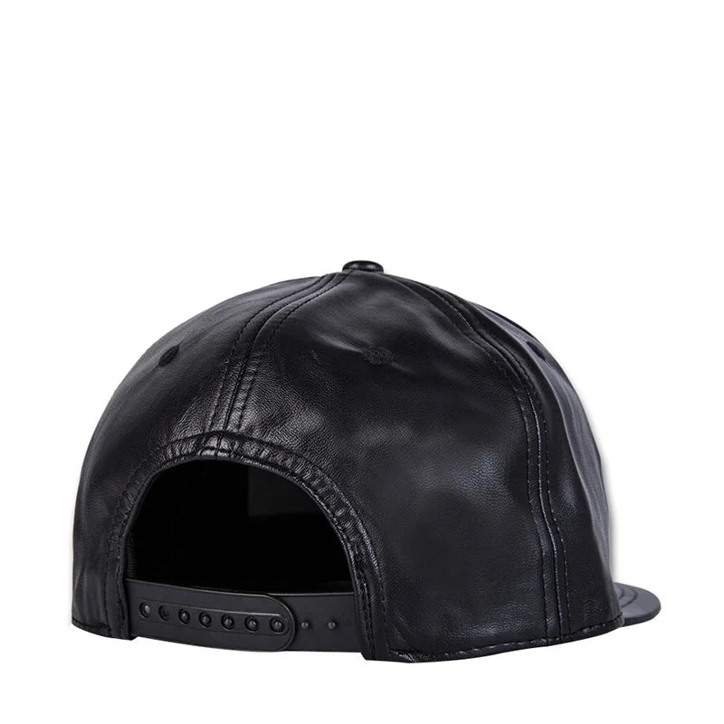 Back view of a black leather-look baseball cap with a flat brim and an adjustable snapback closure.