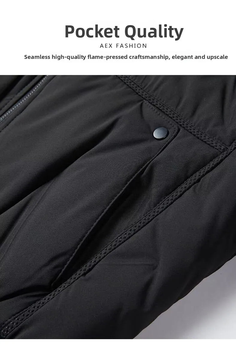 Close-up of a black padded work jacket, highlighting the seamless pocket construction and secure press stud fastening.