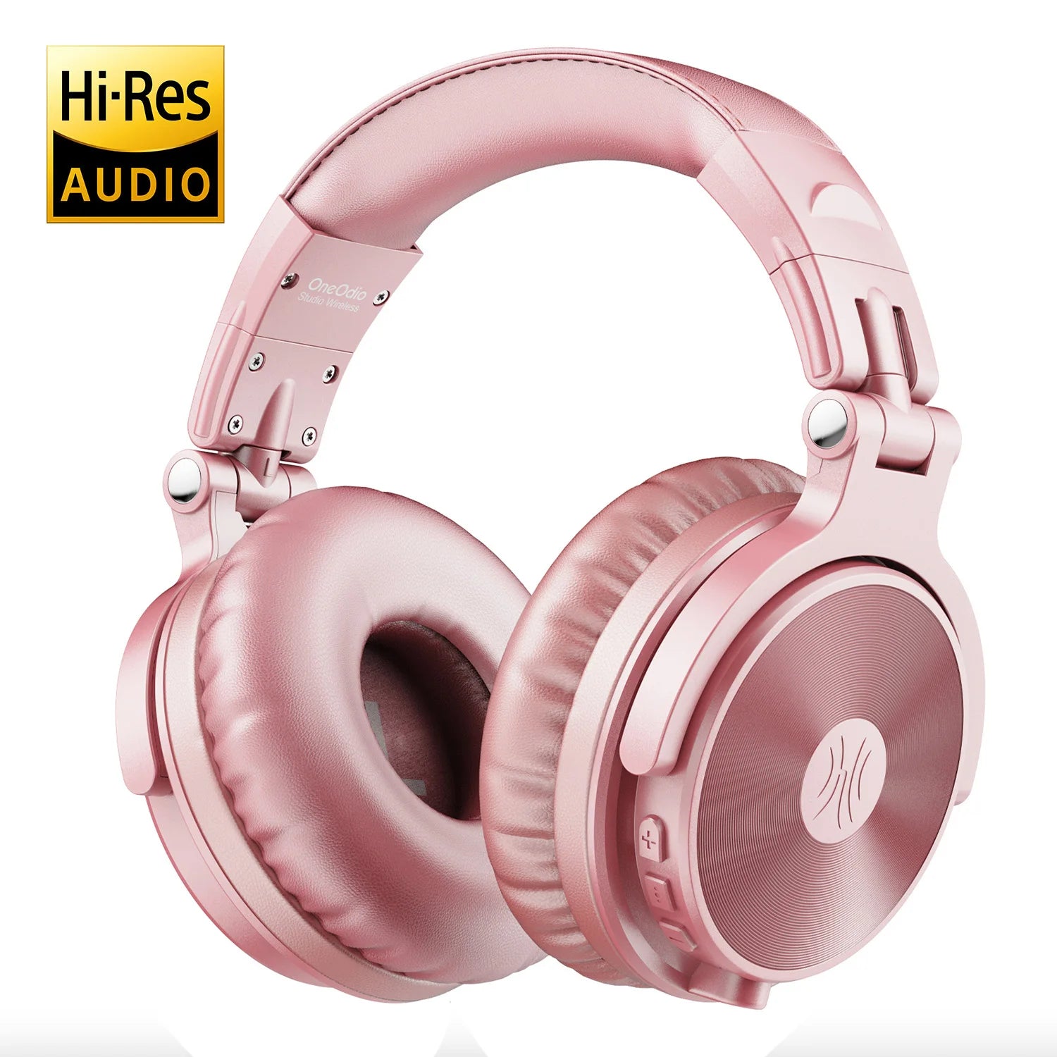 Stylish pink over-ear wireless headphones with cushioned ear pads and integrated control buttons.