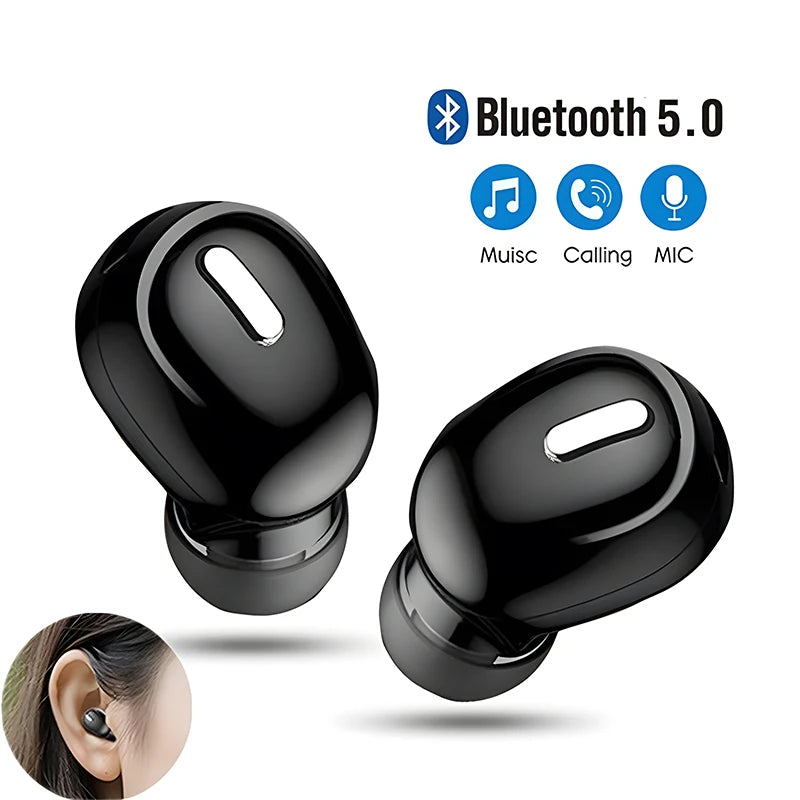 Glossy black Bluetooth 5.0 wireless earbuds with a compact, in-ear design and built-in microphone for music and calls.