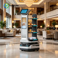 Autonomous service robot with shelves carrying food and towels in a hotel lobby.