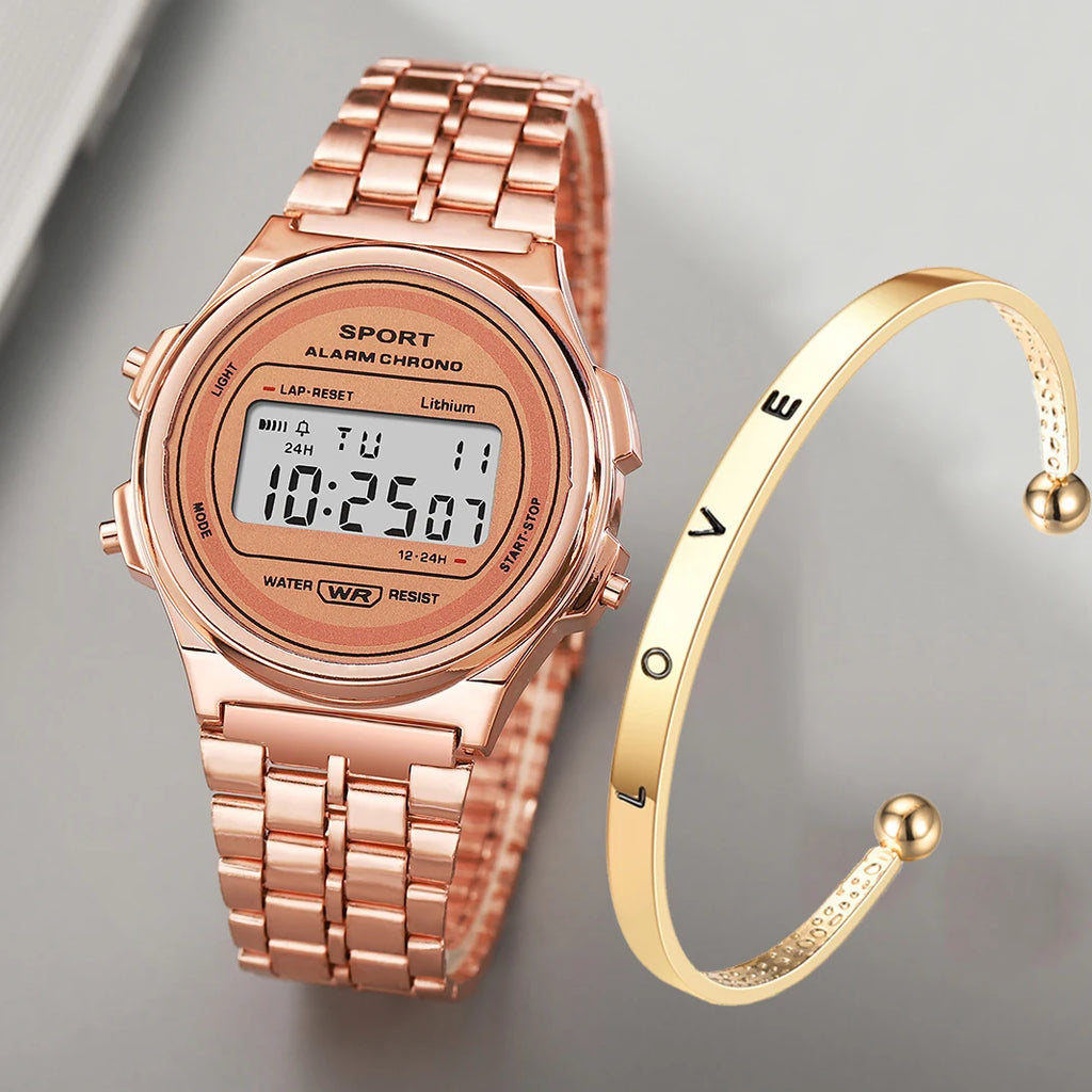 Rose gold retro digital watch with a metal link strap, paired with a matching gold-tone 'LOVE' cuff bracelet.