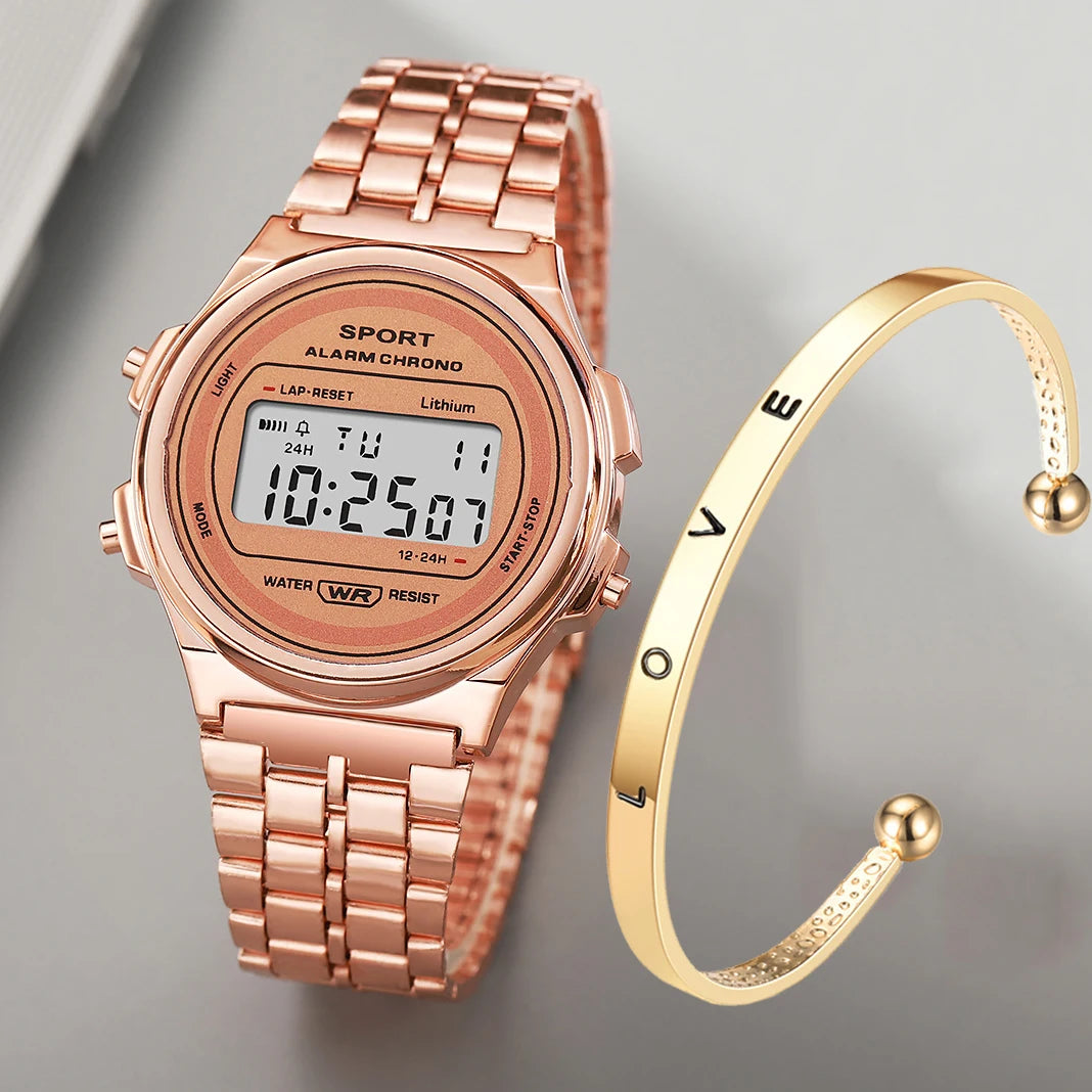 Rose gold retro digital watch with a metal link strap, paired with a matching gold-tone 'LOVE' cuff bracelet.