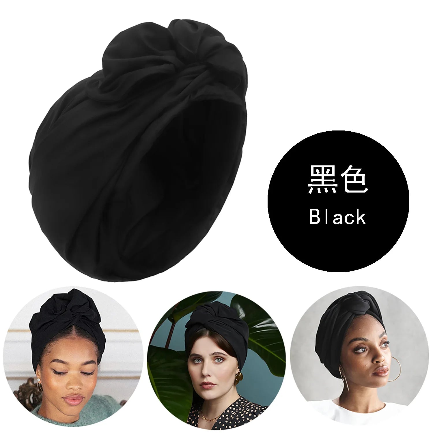A stylish, solid black French vintage-inspired turban hat featuring a decorative knotted front detail.
