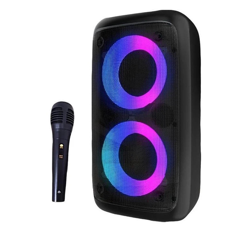Portable black Bluetooth karaoke speaker with dual circular LED lights and a matching handheld microphone.