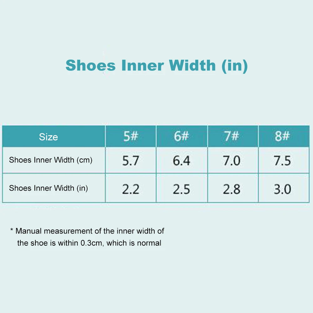 Size guide table for dog boots, displaying inner width measurements in centimetres and inches for sizes 5 to 8.