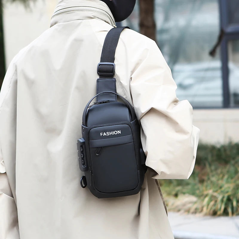 Black anti-theft chest bag with a sleek, minimalist design, featuring a USB port and combination lock.