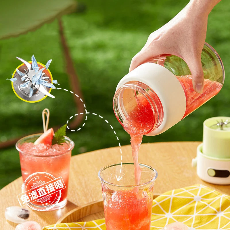 Portable blender pouring a fresh red watermelon smoothie into a glass, featuring a sleek, minimalist white design.