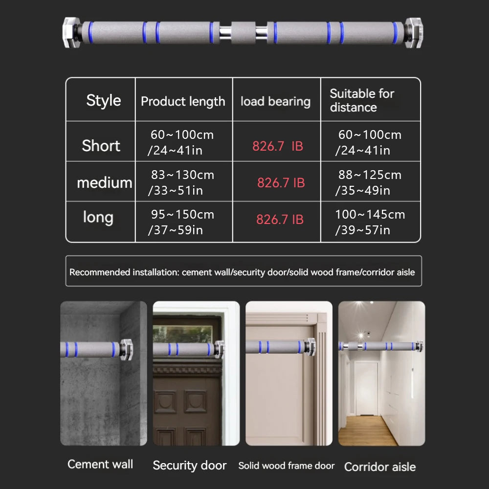 Adjustable silver and blue door frame pull-up bar with a sizing chart and installation examples.