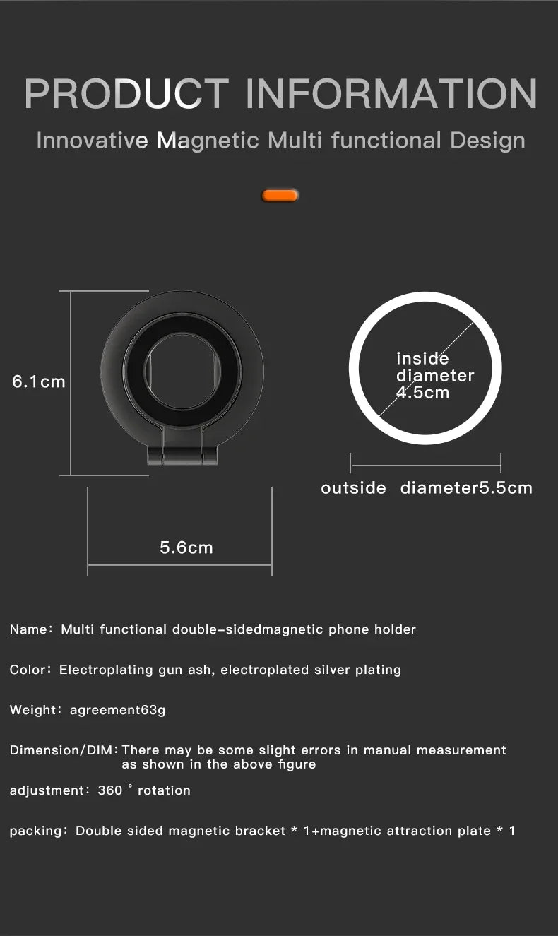Black, circular double-sided magnetic phone holder with 360-degree rotation and measurements shown in a diagram.