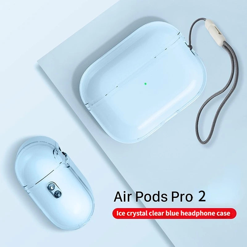 Clear light blue protective case for AirPods Pro 2 with a matching wrist lanyard.