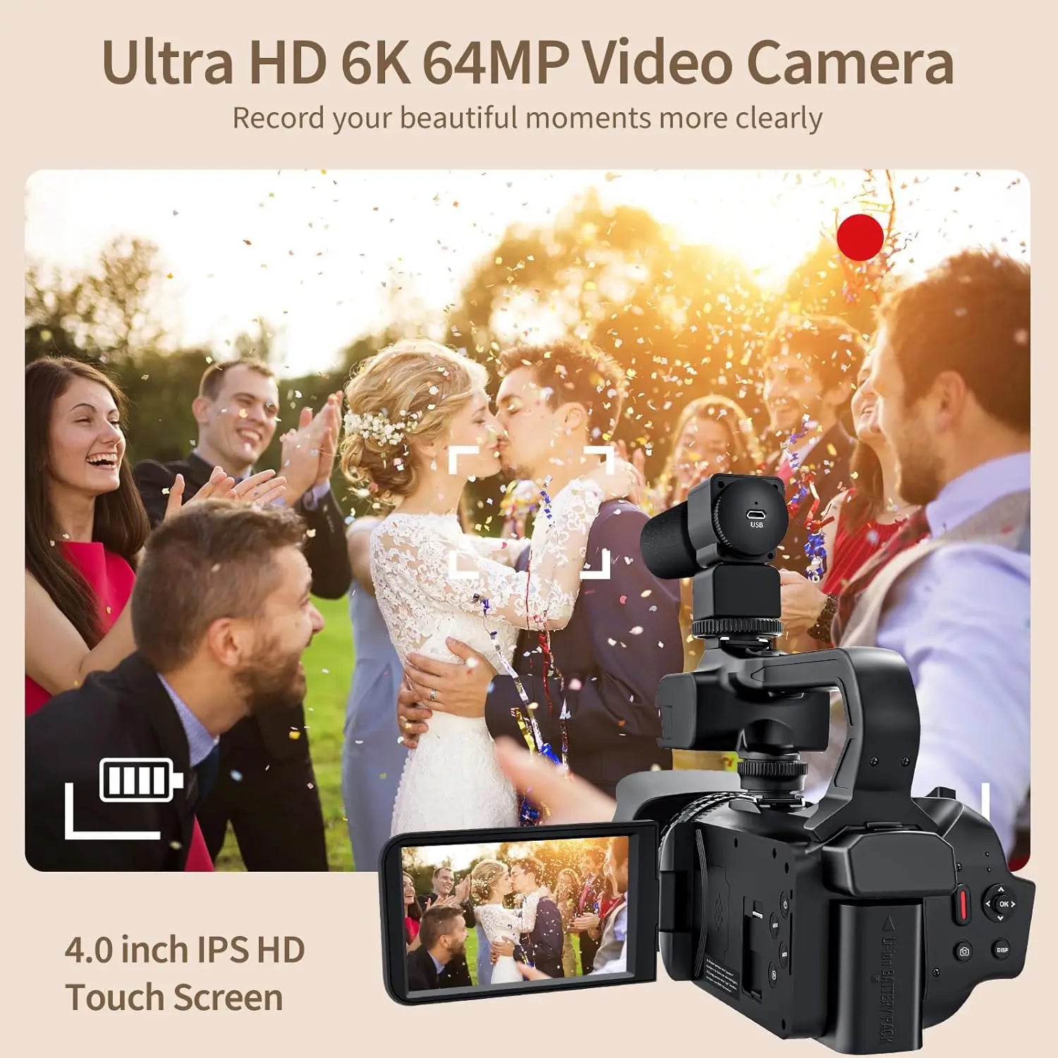 Black digital 6K video camera with a flip-out 4.0-inch IPS touchscreen and an attachable top-mounted microphone.