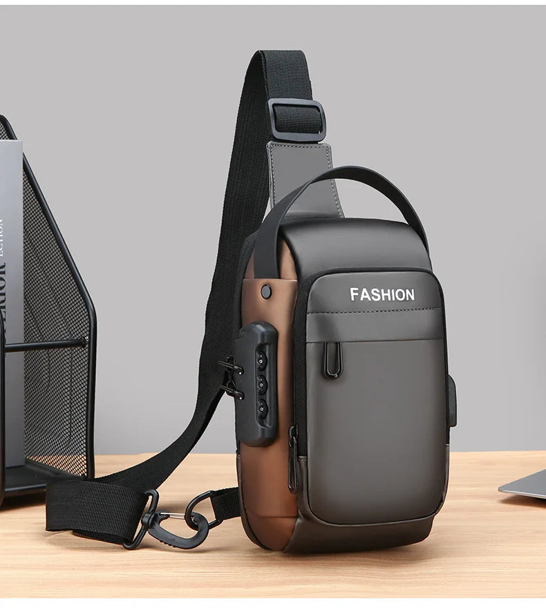 Grey and bronze anti-theft sling bag with a secure combination lock, top handle, and adjustable shoulder strap.