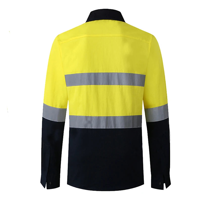 Back view of a high-visibility yellow and navy blue long-sleeve work shirt with reflective silver stripes.