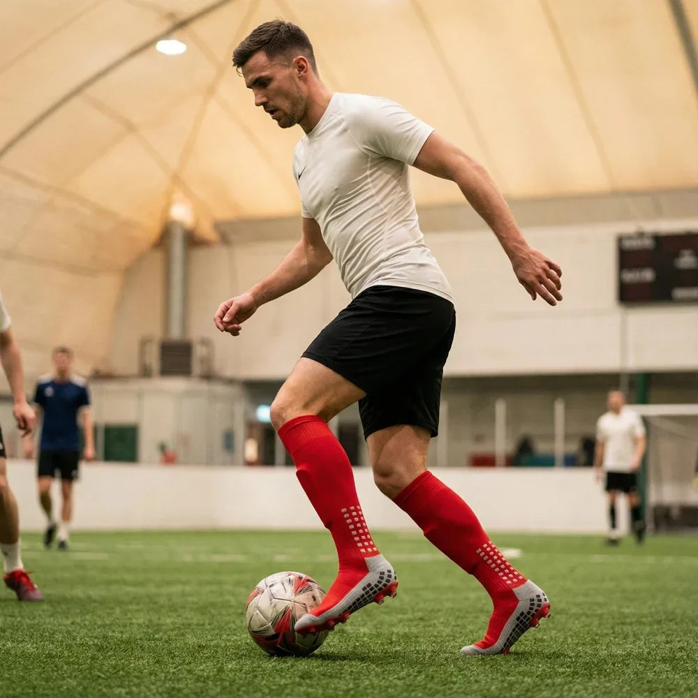 Footballer wearing red knee-high sports socks with grey grip-sole detailing, playing on indoor turf.