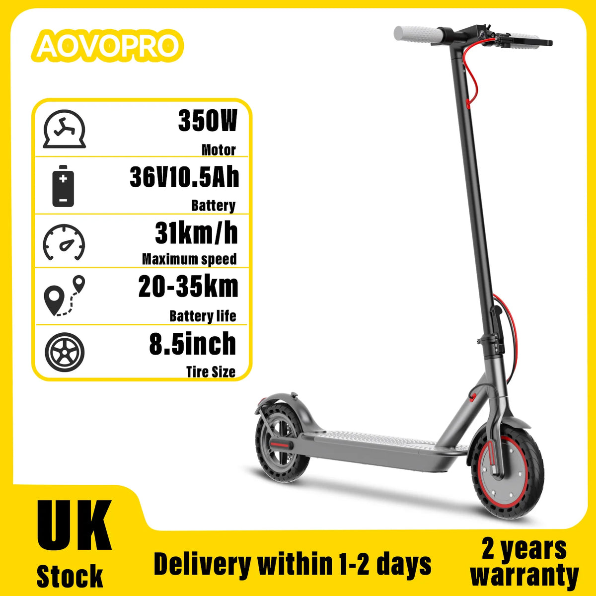 AOVOPRO dark grey foldable electric scooter with 8.5-inch tires, handlebars, deck, and red brake cable.