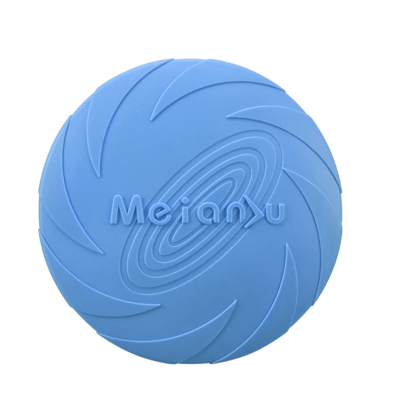 Light blue, durable silicone flying disc dog toy with a textured, spiralled design for easy grip.