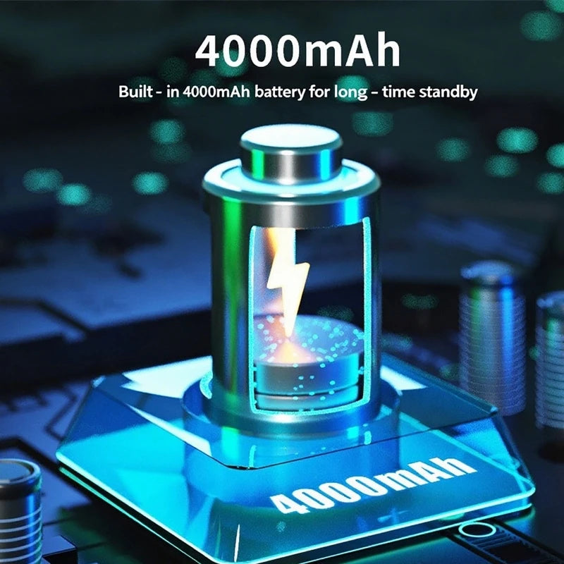 Futuristic graphic showing a 4000mAh battery cell with glowing blue light, representing long-lasting power.