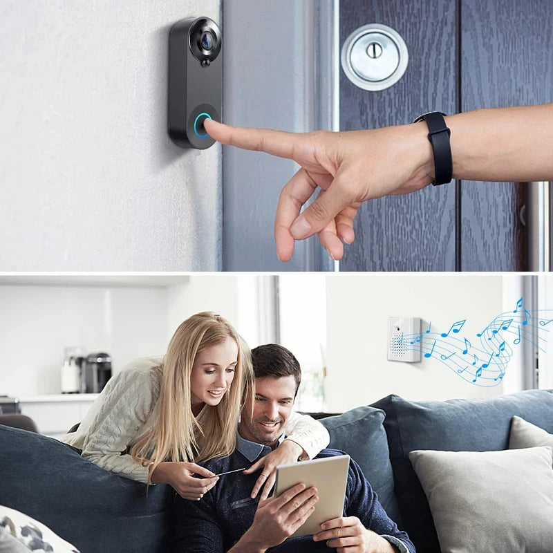 Sleek black 1080p smart video doorbell mounted on a wall, with a couple indoors hearing the chime alert on a tablet.