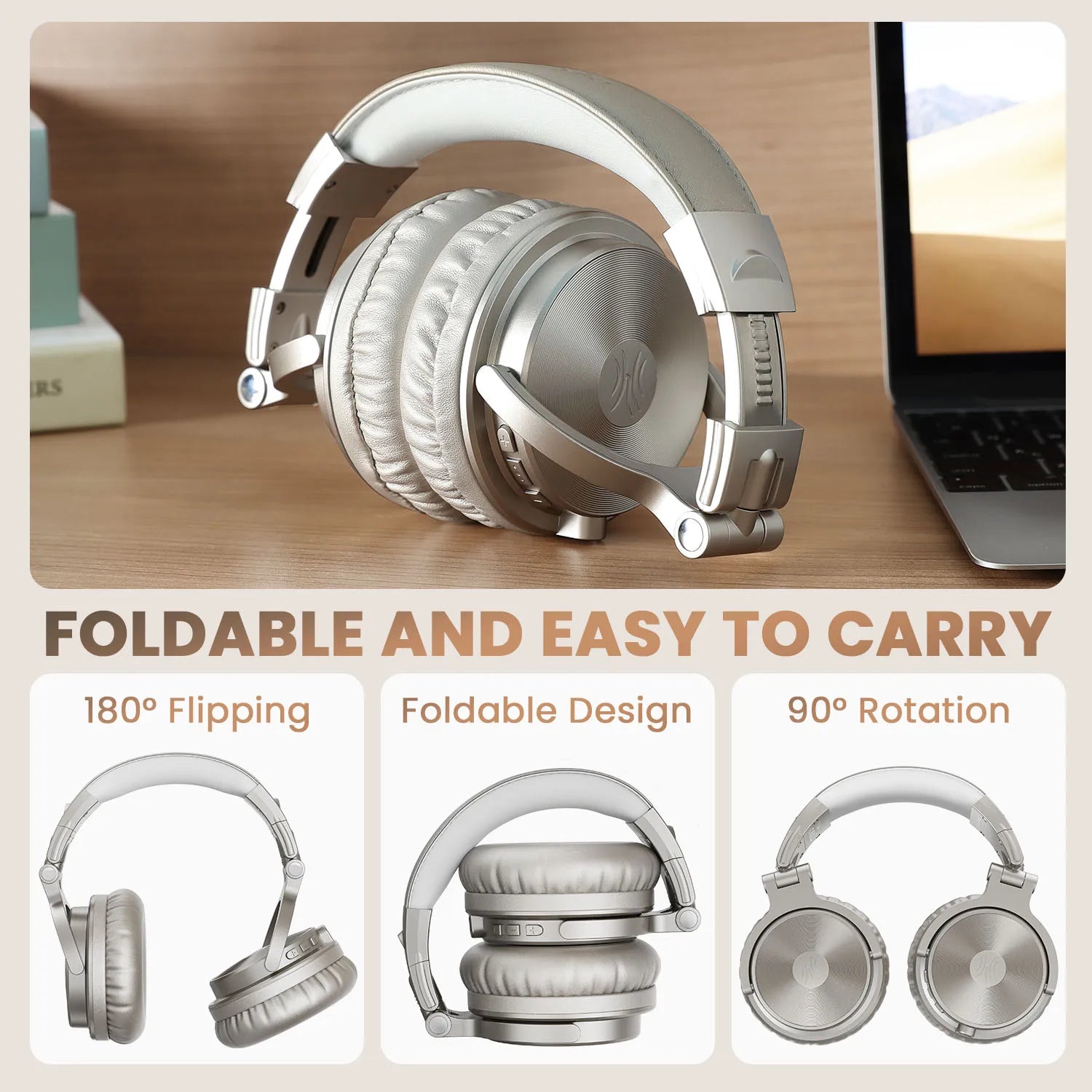 Silver wireless over-ear headphones with cushioned pads, featuring a foldable, rotating design for easy travel.