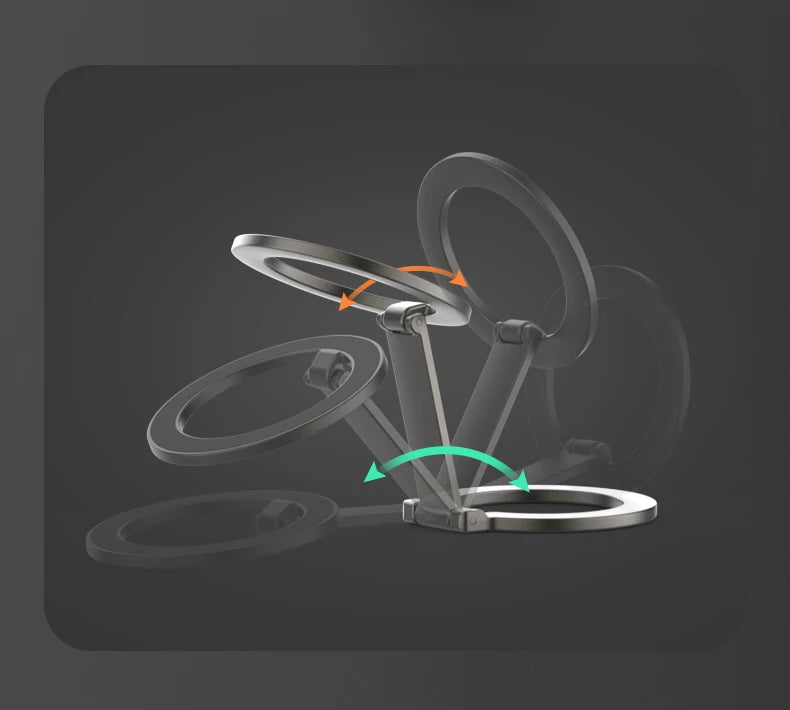 Matte black circular folding phone ring holder with adjustable hinge angles, shown against a dark grey background.