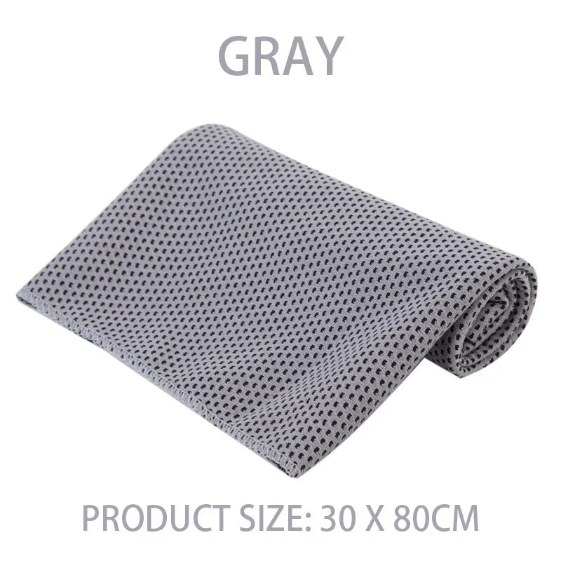 Grey cooling towel with a textured, micro-perforated pattern, measuring 30x80cm.