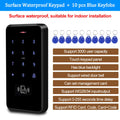 Black plastic waterproof touch keypad for access control with ten blue RFID keyfobs and backlit numbers.