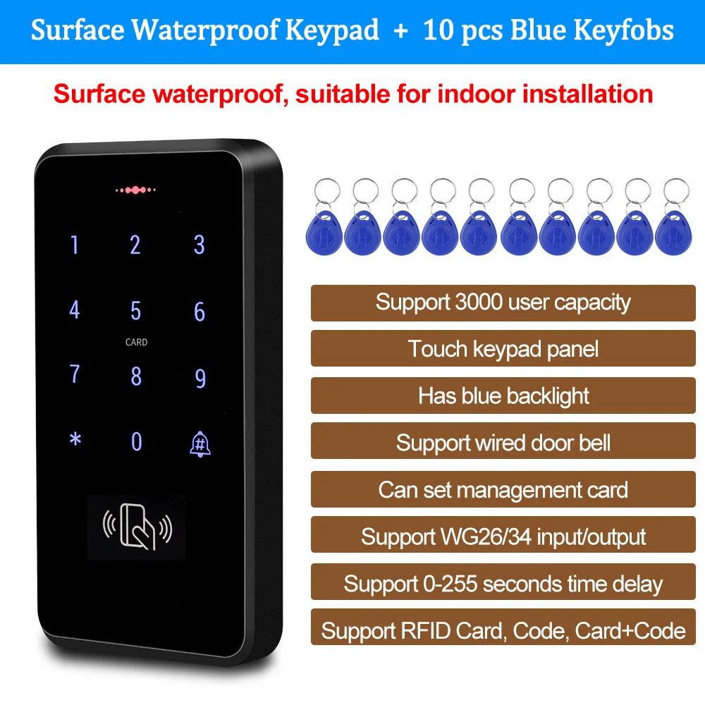 Black plastic waterproof touch keypad for access control with ten blue RFID keyfobs and backlit numbers.
