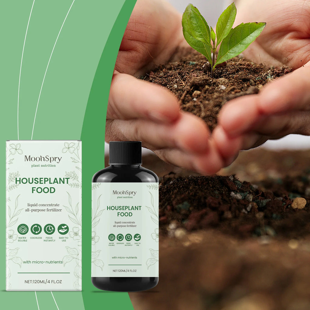 120ml bottle of liquid houseplant fertilizer with box, shown beside hands holding a small plant in soil.