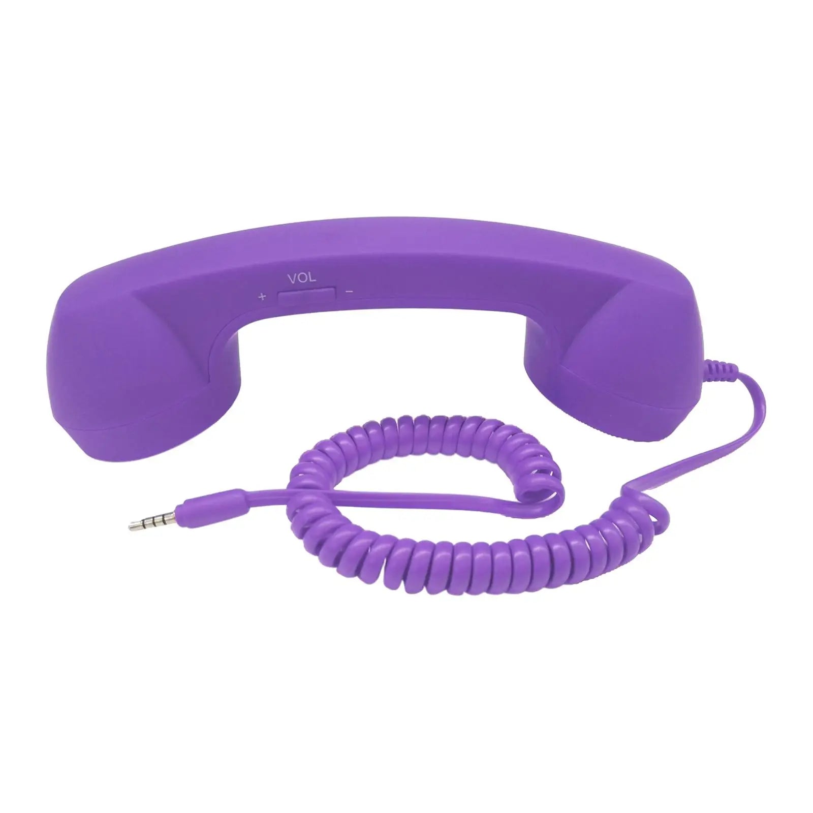 Retro-style purple telephone handset with a coiled cord, 3.5mm jack, and integrated volume control buttons.