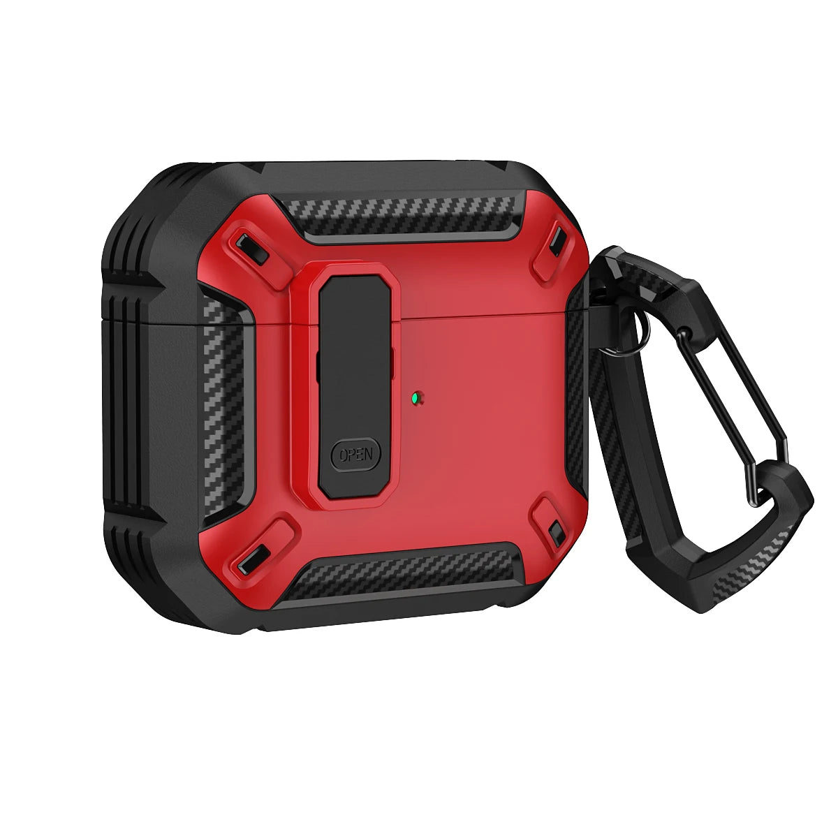 Rugged red and black carbon fibre style protective case for AirPods with locking latch and carabiner.