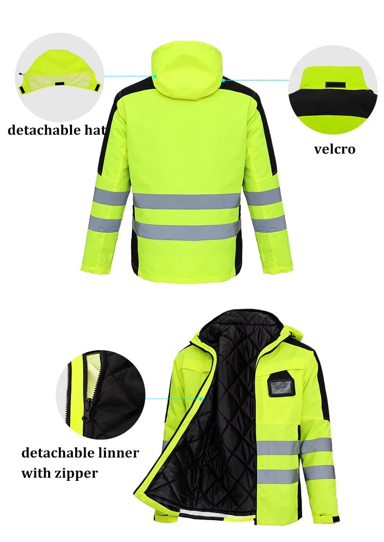 Hi-vis yellow waterproof jacket with reflective stripes, detachable hood, and removable quilted inner lining.