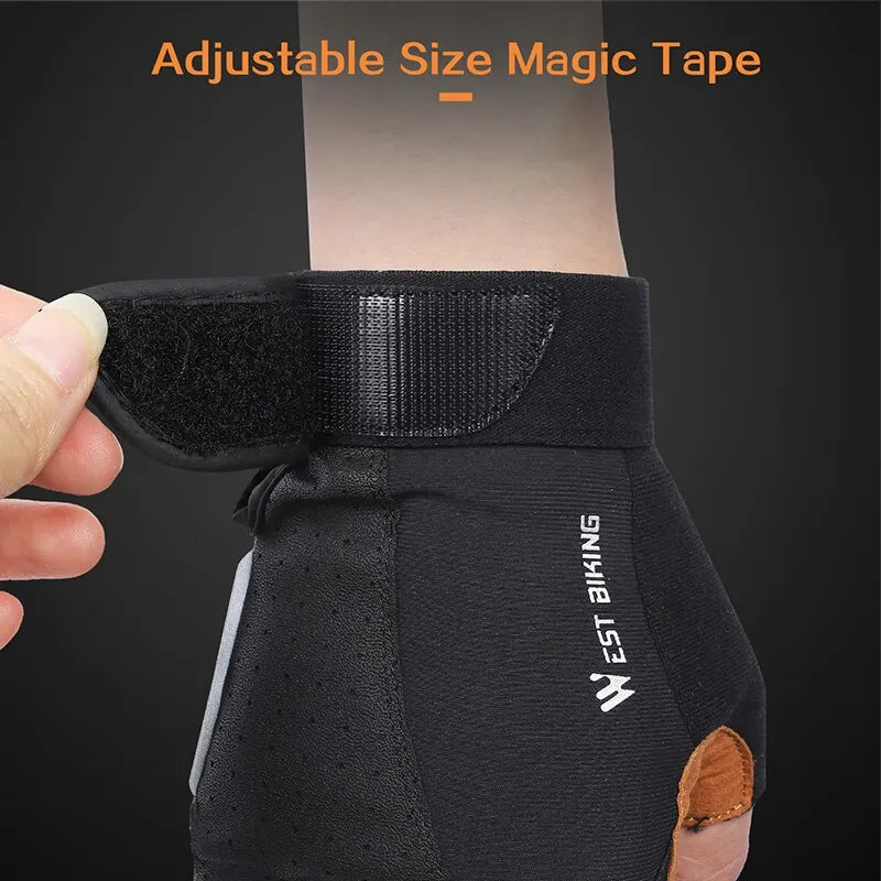Black fingerless cycling glove with an adjustable velcro wrist strap and "West Biking" logo.
