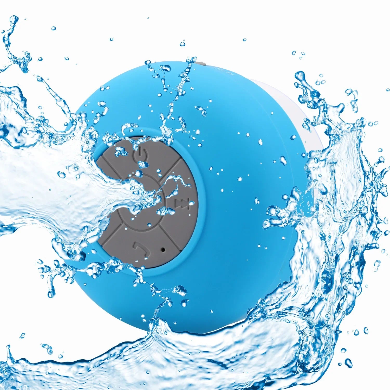 Bright blue waterproof Bluetooth speaker featuring a grey control panel and suction cup, surrounded by water splashes.