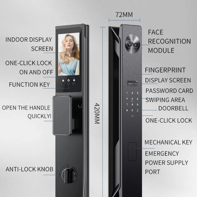 Black metal smart door lock with digital keypad, face recognition, fingerprint scanner, and indoor display screen.