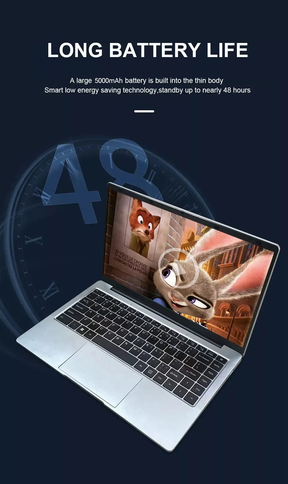Slim silver 14.1-inch laptop with a black keyboard and a bright screen display showing animated characters.