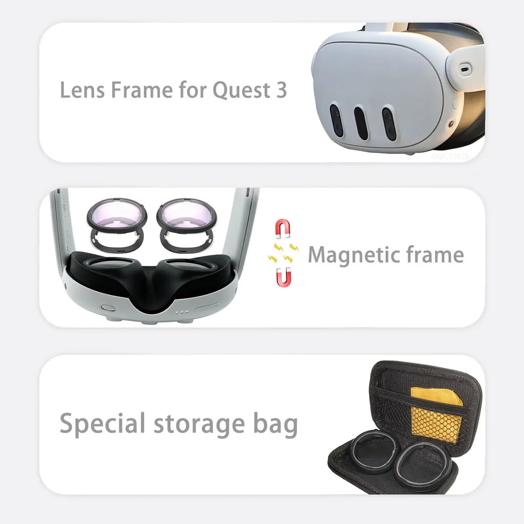 Black magnetic prescription lens frames and anti-blue lenses for Quest 3 VR headset with storage bag.