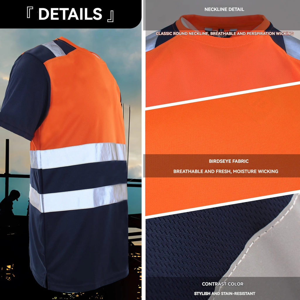 Men’s hi-vis work shirt in orange and navy with reflective stripes, round neckline, and breathable birdseye fabric.
