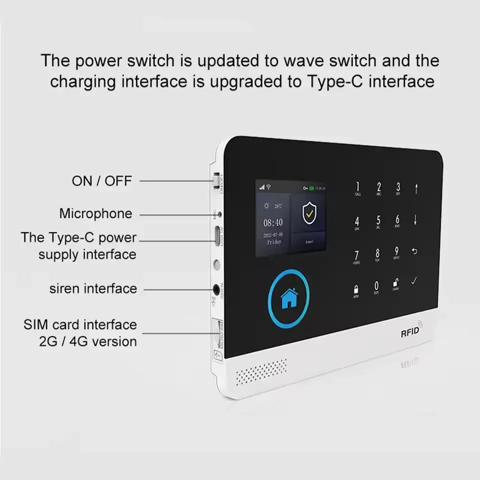 Black and white smart home alarm panel with a digital display, touch keypad, and various side ports for connectivity.