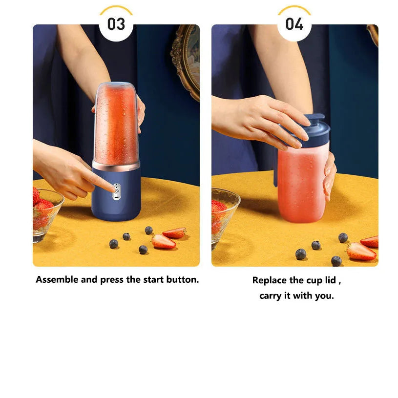 A portable, matte blue personal blender with a rose gold accent, shown being activated and sealed with a cup lid.