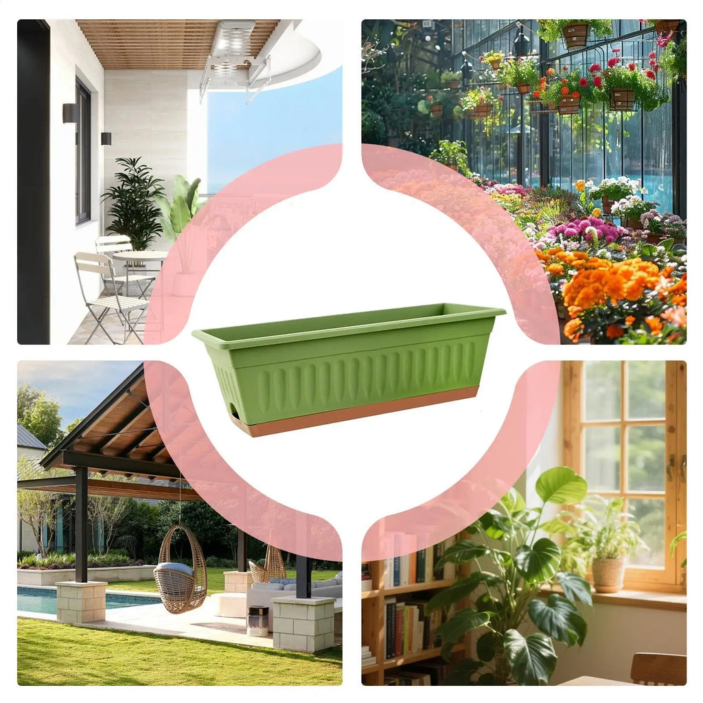 A green, rectangular plastic planter with a ribbed design and a separate terracotta-colored drainage tray underneath.