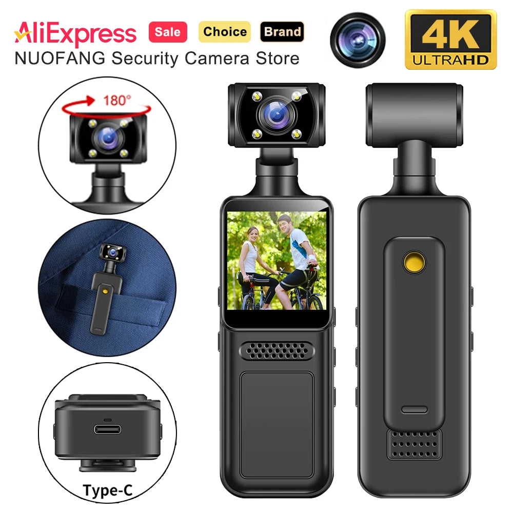 Black plastic 4K body-worn security camera with a 180-degree rotating lens, clip, LCD screen, and USB-C port.