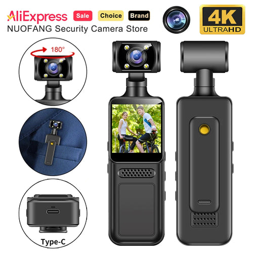 Black plastic 4K body-worn security camera with a 180-degree rotating lens, clip, LCD screen, and USB-C port.