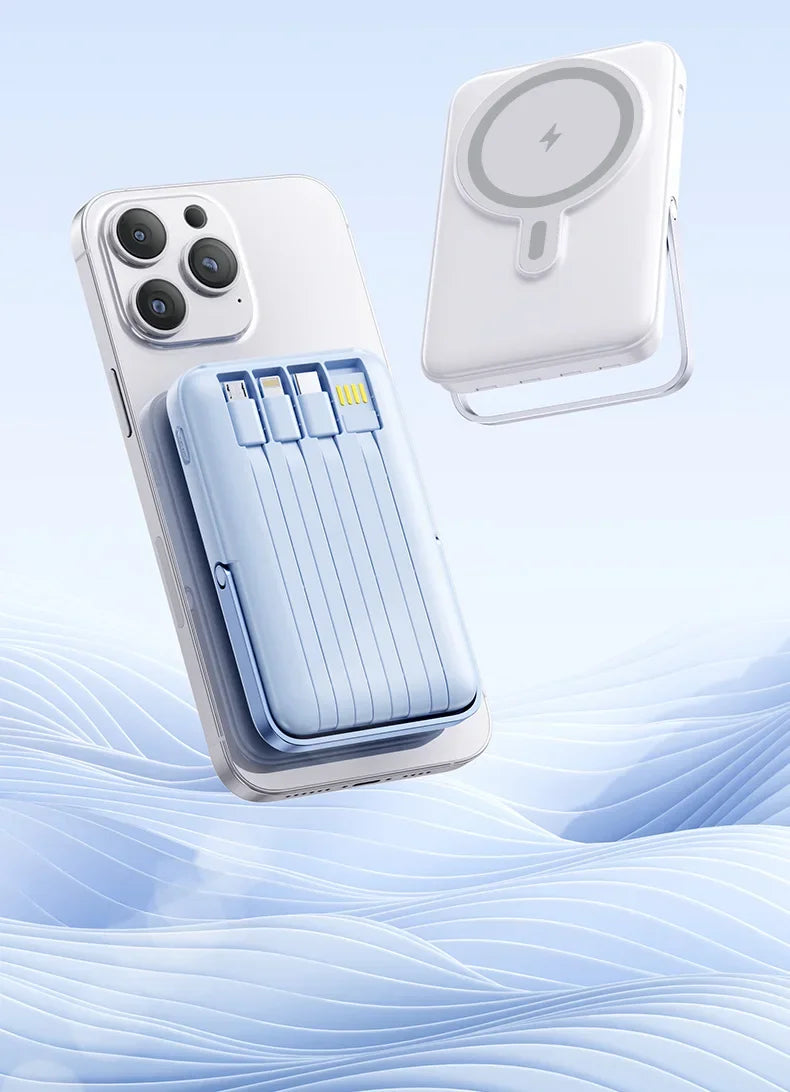 Light blue magnetic wireless power bank attached to a smartphone, featuring integrated cables and a built-in kickstand.