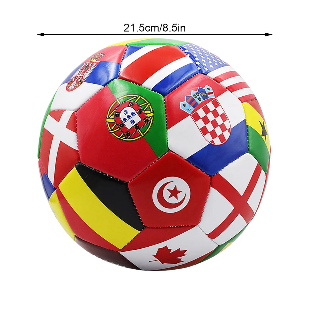 Multicoloured football featuring various international national flag designs, 21.5cm diameter, standard size 5.