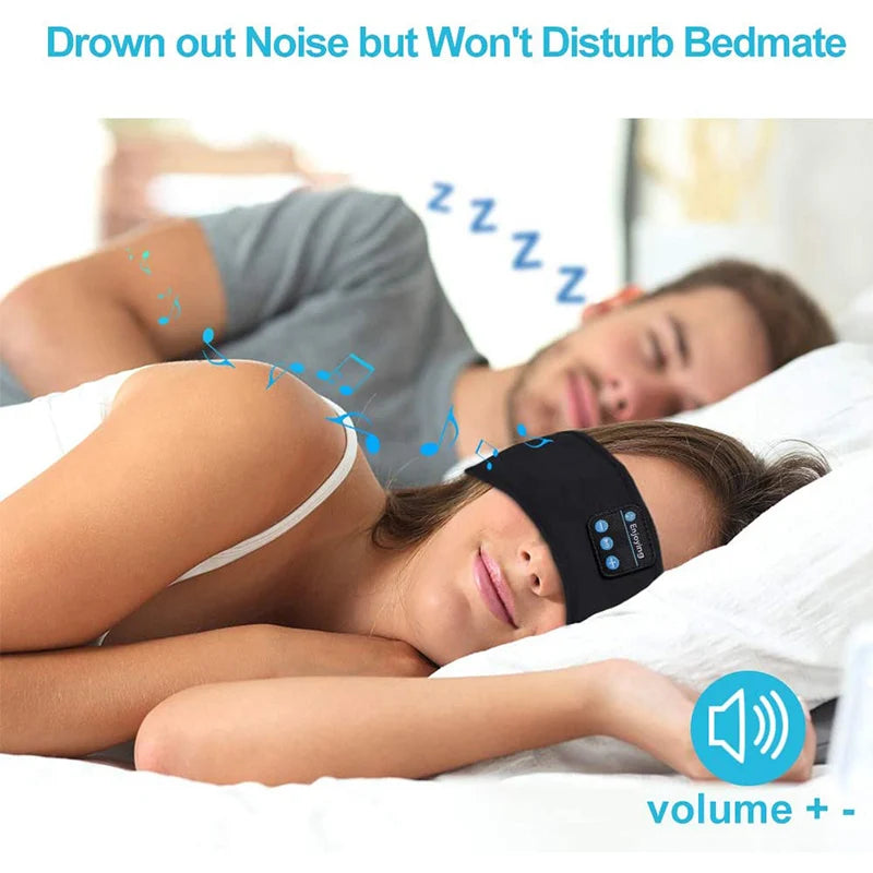A person sleeping peacefully wearing a black wireless Bluetooth music headband and eye mask with volume controls.