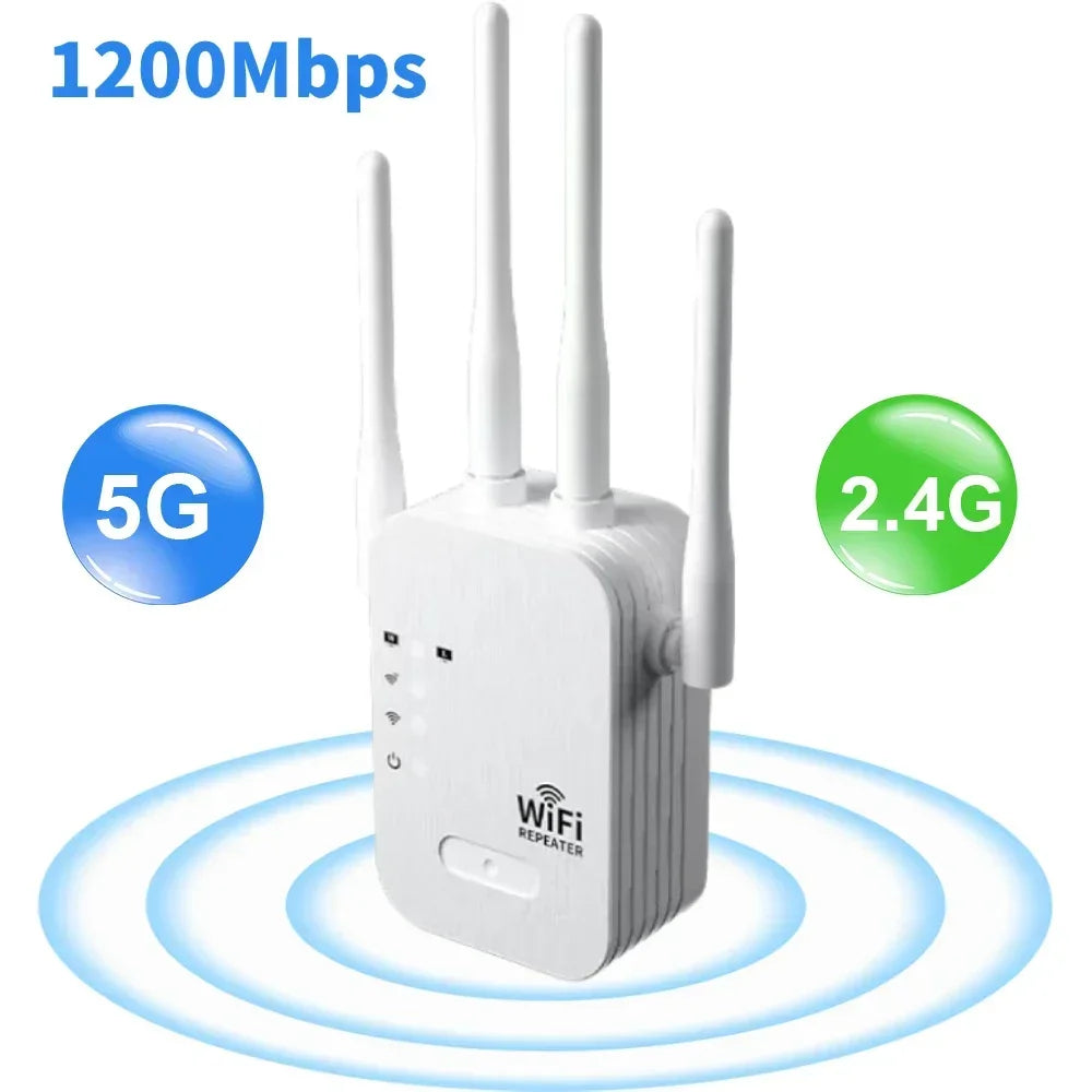 White dual-band WiFi repeater with four antennas, featuring 1200Mbps speed and 5G/2.4G signal indicators.
