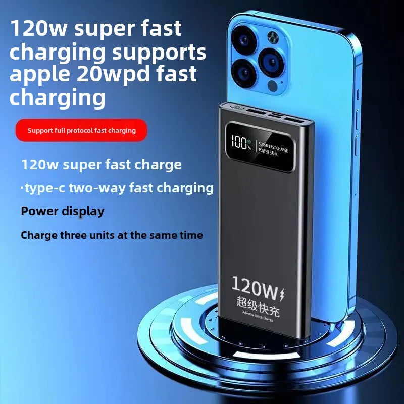 Black 20000mAh portable power bank with a digital display, supporting 120W fast charging for three devices.