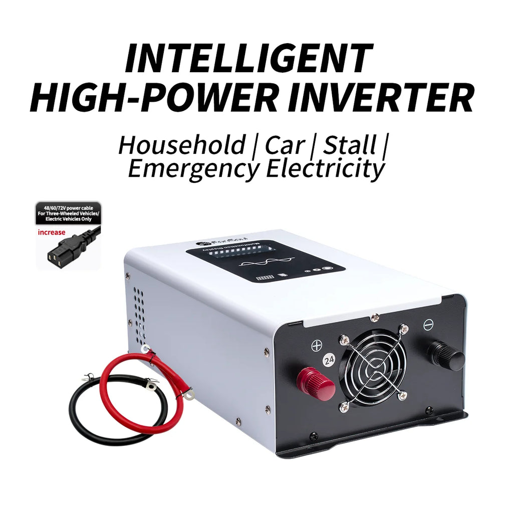 White 2000W pure sine wave power inverter with cooling fan, digital display, and red and black battery connection cables.